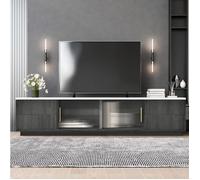 Meuble TV gris en MDF avec plateau effet marbre, portes en verre et tiroirs push-to-open