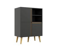 Meuble TV Hi-fi sur pied design scandinave 3 portes 3 étagères 2 niches verre trempé bois gris