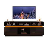 Meuble TV - HIBA - 160×35×60 cm - Noir brillant - Plateau verre trempé - Éclairage LED pilotable