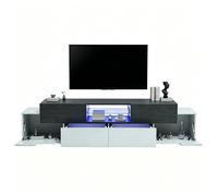 Meuble TV - HIBA - 180×40×45 cm - Blanc/Gris imitation marbre - LED RGB Bluetooth - 2 tiroirs 4 portes