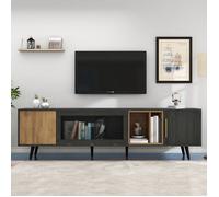 Meuble TV - HIBA - 200×40×55,5 cm - Porte vitrée rabattable - Pour TV jusqu'à 90"" - Bois foncé & gris