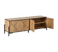 Meuble TV - HIBA - Lowboard 153x40x50cm - 4 portes - Compatible TV 65 pouces - Noir & bois, design géométrique