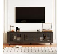 Meuble TV - HIBA - Lowboard Style Rétro - 175x38x55,5 cm - Portes rotin PVC - Poignées & pieds dorés
