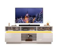 Meuble TV - HIBA - Meuble TV 160×35×60 cm Blanc Brillant - Plateau verre trempé - Éclairage LED pilotable - Pour TV 60 pouces