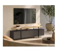 Meuble TV HINOA - Chêne & Noir - Plateau surélevé avec niche, 4 portes - 160 x 39 x 49,5 cm