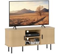 Meuble TV - HOMCOM - 2 portes tambour à lamelles - design scandinave - pour télévision jusqu'à 55 pouces - ton chêne
