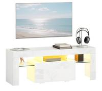 Meuble TV - HOMCOM - éclairage LED RGB, haute brillance, étagères en verre trempé, placard rabattable - MDF - 120x34x45cm - blanc