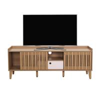 Meuble TV HWC-M48, Buffet TV, porte coulissante en bois massif de manguier 56x150x40cm naturel, tiroir blanc