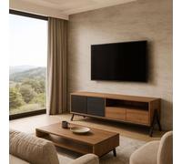 Meuble TV HWC-O40, meuble TV bas 2 tiroirs portes compartiments de rangement, MDF métal mélamine 48x155x40cm naturel