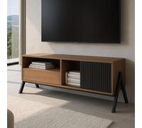 Meuble TV HWC-O40, meuble TV bas, porte coulissante, compartiments de rangement, tiroir, MDF, métal, mélamine, 49 x 120 x 40 cm naturel