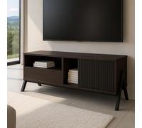 Meuble TV HWC-O40, meuble TV bas, porte coulissante, compartiments de rangement, tiroir, MDF, métal, mélamine, 49 x 120 x 40 cm aspect noyer Marron