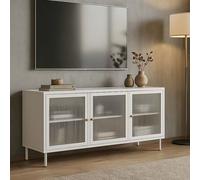 Meuble TV HWC-O87, meuble TV bas, buffet, portes, compartiments de rangement, style industriel, métal, verre cannage, 58 x 120 x 40 cm blanc