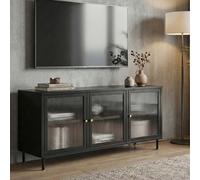 Meuble TV HWC-O87, meuble TV bas, buffet, portes, compartiments de rangement, style industriel, métal, verre canné, 58 x 120 x 40 cm noir