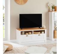 Meuble TV - IDIMEX - BOLTON - 2 tiroirs - Pin massif - Blanc et brun