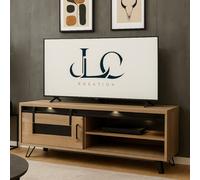 Meuble TV industriel décor chêne + LED 1 porte 150cm COSTA