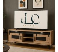 Meuble TV industriel décor chêne + LED 2 portes 180cm COSTA