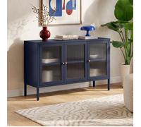 Meuble TV industriel en métal bleu nuit 105cm 3 portes en verre trempé CALEB