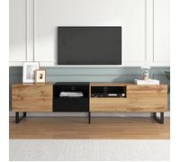 Meuble TV Industriel Moderne 190cm pour Écran 85"" | Buffet Bas Noir et Bois | Grand Rangement avec 2 Portes et 2 Tiroirs