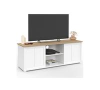 IDMarket - Meuble TV 140 cm Jango 2 Portes coulissantes | Coloris blanc et plateau bois