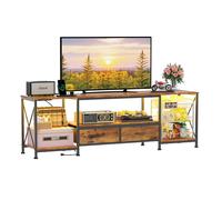 Meuble TV jusqu'à 75 Pouces - VIVOLILV - Avec prise et USB - avec 2 Tiroirs et 2 Étagères Ouvertes - Marron Rustique et Noir