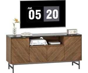 Meuble TV jusqu'š€ 65 pouces meuble tšŠlšŠ bois avec compartiment ouvert et passe-cables, effet marbre, 140x39x66cm, noyer