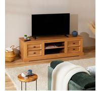 Meuble TV KENT banc télévision en pin massif finition cirée 144 x 46 x 45 cm, avec 4 tiroirs et 2 niches