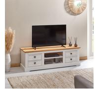 Meuble TV KENT L 144 cm en bois massif blanc et brun avec rangement 4 tiroirs et 2 niches pour télévision jusqu'à 60""