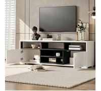 Meuble TV laqué blanc 150x35x50cm, panneaux particules 2 portes 8 compartiments design moderne salon appartement