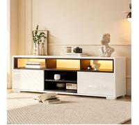 Meuble TV LED, 150 × 35 × 50 cm, aggloméré brillant, meuble bas de style moderne, avec espace de rangement, 8 compartiments, blanc