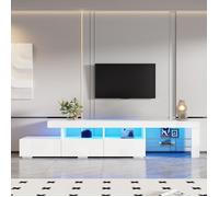 Meuble TV LED Blanc 180cm, Console Salon Chambre, Façade Brillante, 3 Tiroirs, Support TV Jusqu'à 75"", 180x35x45 cm