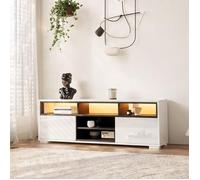Meuble TV LED blanc brillant 150 cm avec portes push-to-open, panneau de particules, idéal petit salon