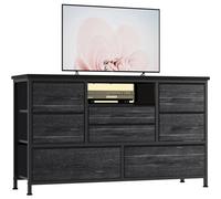 Meuble TV LED - Commode à 8 tiroirs - Prises européennes - Station de recharge USB - Bois avec structure métallique - Noir-gris