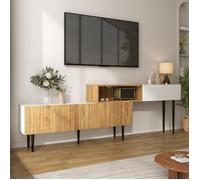 Meuble TV Longueur Réglable, Design Modulaire en 2 Parties, Pieds en Métal, Moderne Banc TV Table pour Salon, Bois + Blanc