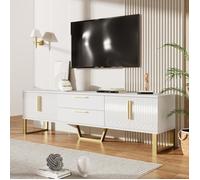 Meuble TV - Luxe - Blanc Brillant - 170x40x53 cm - 2 Tiroirs - 4 Portes - Pieds Dorés