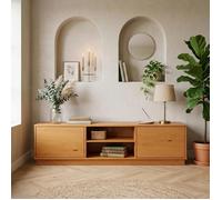 Meuble TV MAITE L 170 cm en Bois Massif Coloris Chêne avec 2 Portes et 2 Niches Pour Télé Jusqu’à 75"", Portes Push-to-Open