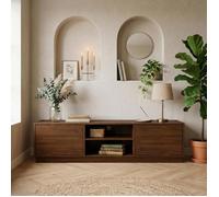 Meuble TV MAITE L 170 cm en Bois Massif Coloris Noyer avec 2 Portes et 2 Niches pour Télé jusqu’à 75"", Portes Push-to-Open