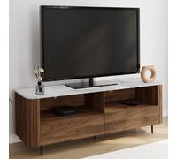 IDMarket - Meuble TV 140 cm Marla Noyer Effet Lattes 2 tiroirs et Plateau marbre Blanc Alaska