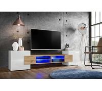 Meuble TV Merano Version 1 Komodee - LED Bleues - Bois naturel Mat et Blanc - 230 x 53 x 35 cm