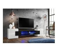 Meuble TV Merano Version 1 Komodee - LED Bleues - Noir Brillant et Blanc - 230 x 53 x 35 cm