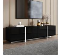 Meuble TV, meuble bas, trois portes et un tiroir, meuble noir brillant avec pieds blancs, avec bandeau lumineux LED, longueur 170cm