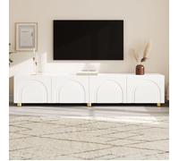 Meuble TV moderne 180 x 35 x 40 cm à 4 portes avec relief arche, pieds métal dorés, blanc