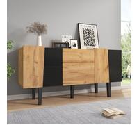 Meuble TV Moderne, 4 Portes 2 Tiroirs, Buffet Salon Style Industriel, Bois Massif, Aspect Bois et Noir,140x40x70cm