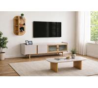 Meuble TV moderne avec façades en verre et pieds en bois, au design élégant