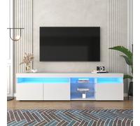 Meuble TV Moderne avec Lumineuse LED Blanc Etagère en verre 3 Portes Buffet Meuble de Rangement pour Salon et Chambre 180x35x45 cm