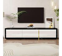 Meuble TV moderne avec portes pivotantes et longueur variable - Aspect marbre noir avec finition blanche brillante et détails dorés