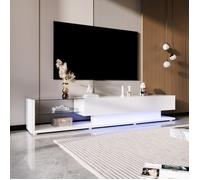 Meuble TV moderne, blanc brillant, avec 2 tiroirs et séparateurs, éclairage LED modulable, meuble de salon, 170 x 36 x 38 cm