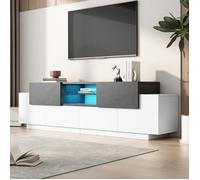 Meuble TV moderne blanc et gris avec étagères en verre - Lowboard rangement pour salon/chambre, console gaming
