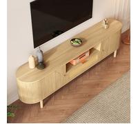 Meuble TV moderne - Design arrondi élégant - Tiroirs en rotin - Compartiments ouverts - Pieds en métal aspect bois