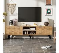 Meuble TV Moderne en Bois avec 2 Portes et 2 Niches -Merax Buffet TV 160,5 x 35,5 x 45 cm Design Naturel et Pieds Noirs Robustes