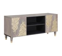 Meuble TV moderne - vidaXL - Gris - Bois de mangue massif - 105x33x46 cm - Design doré imprimé - Boutons en laiton